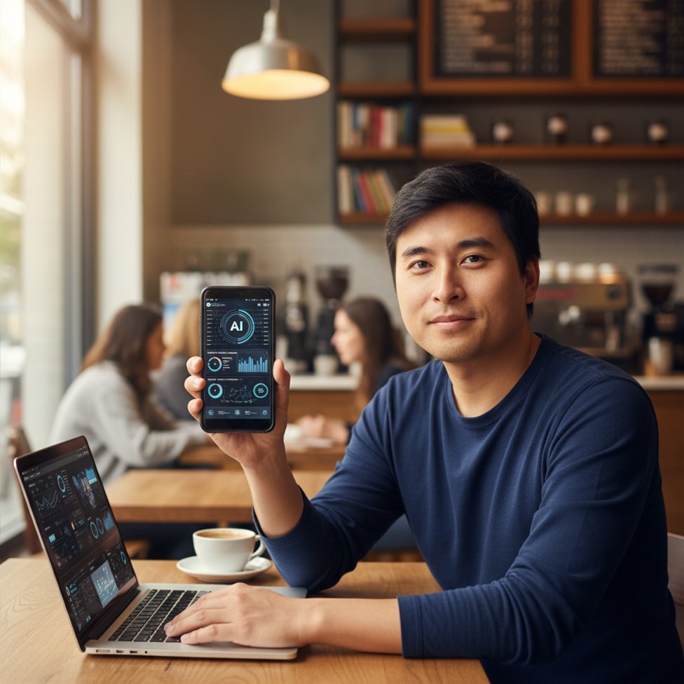 Huy at a café table with his laptop open, holding a phone showing an AI dashboard